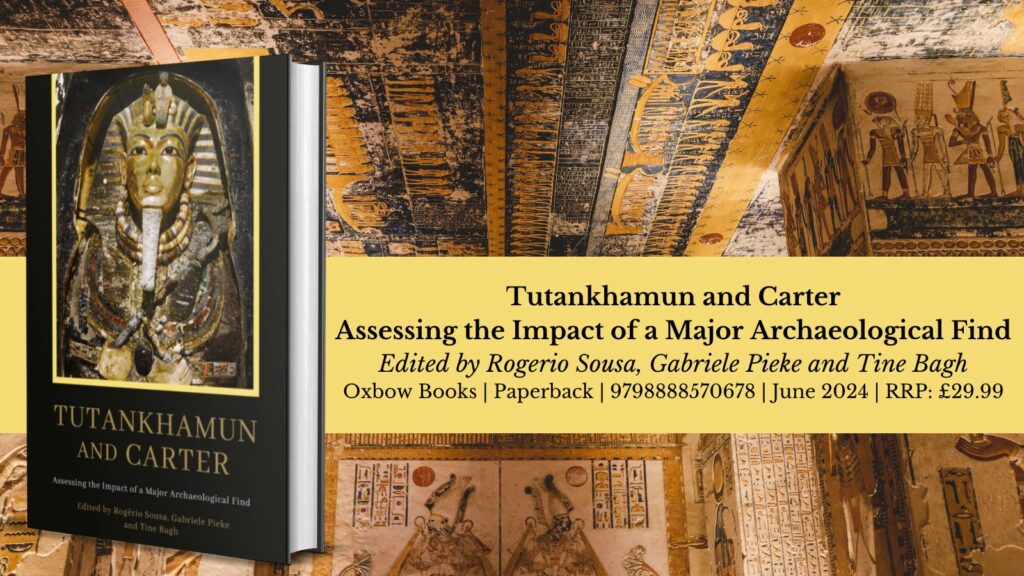 Image of the book Tutankhamun and Carter, with an image from the tomb of Tutankhamun in the background. Text with biblio information for the book.